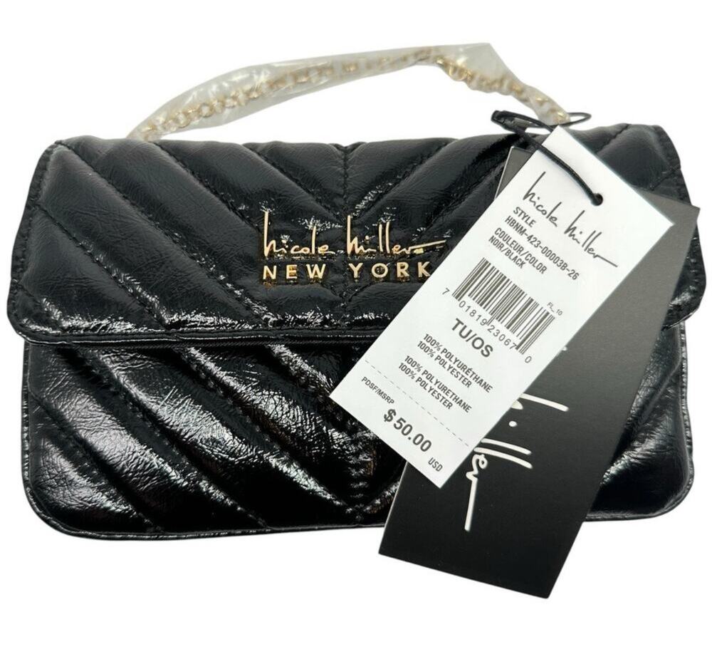 Nicole Miller New York Black Quilted Chain Strap Crossbody Bag Purse NWT
